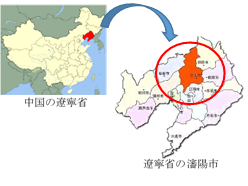 中国の遼寧省（左図）及び遼寧省の瀋陽市（右図）の位置図